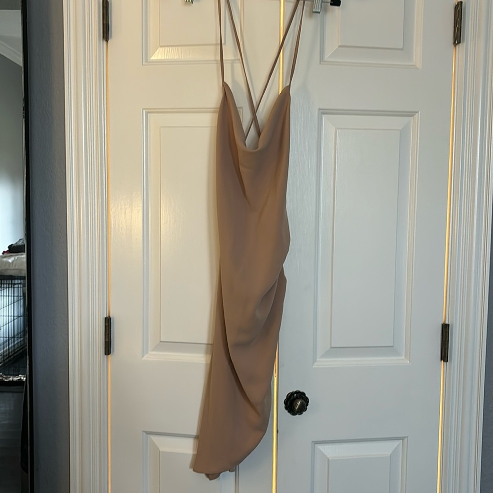 Amanda Uprichard nude asymmetrical mini dress.